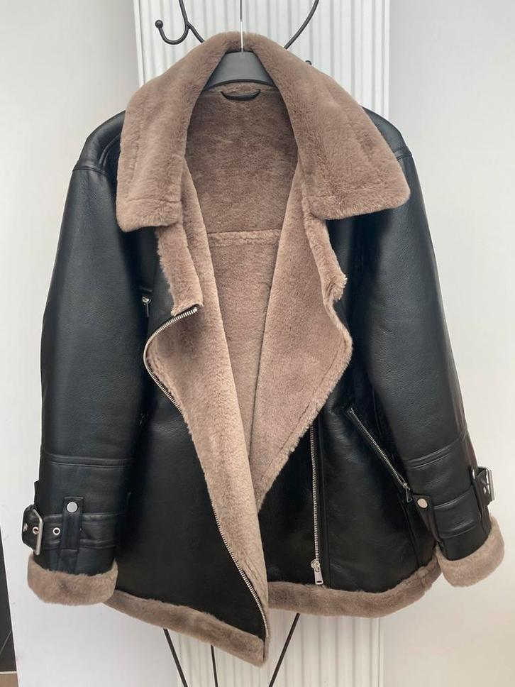 Warme jas met leereffect en imitatiebont Mango, plus size, Kleding | Dames, Jassen | Winter, Zo goed als nieuw, Maat 46/48 (XL) of groter