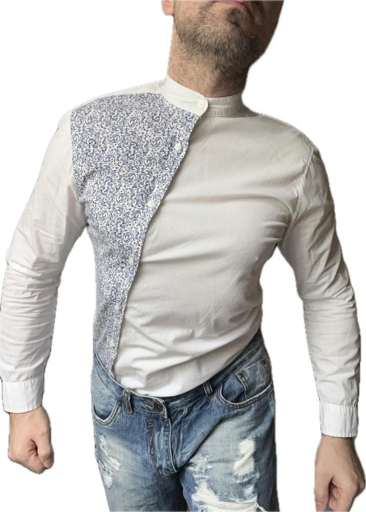 Zeldzaam herenoverhemd asymmetrische knopen en lage kraag M, Vêtements | Femmes, T-shirts, Taille 38/40 (M), Bleu, Envoi