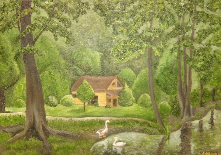olieschilderij huis in bos (50x70), Antiek en Kunst, Kunst | Schilderijen | Klassiek, Ophalen of Verzenden