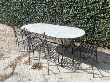 Smeedijzer tuinset met marmerblad voor 6 pers, incl. Kussens beschikbaar voor biedingen
