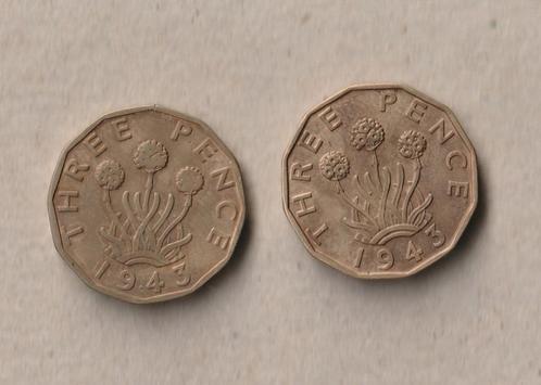UK : 2 x three pence (1943), Timbres & Monnaies, Monnaies | Europe | Monnaies non-euro, Série, Autres pays, Enlèvement ou Envoi