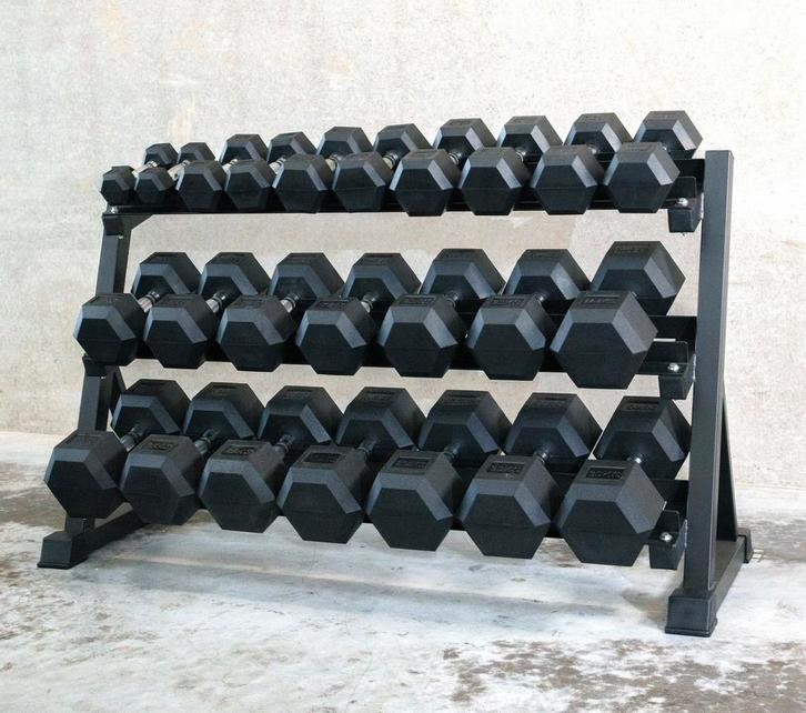 Hex Dumbbellset 2,5 tot 30 + rek, Sport en Fitness, Fitnessmaterialen, Zo goed als nieuw, Ophalen