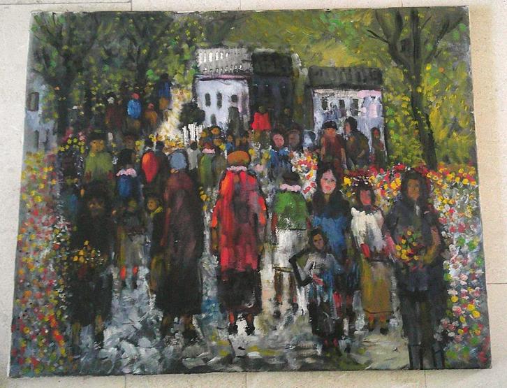 Mensen op bloemenmarkt - Gerrit Marré 1904 - 1986, Antiek en Kunst, Kunst | Schilderijen | Klassiek, Ophalen of Verzenden