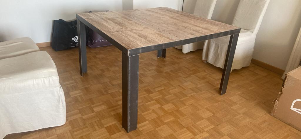 Table à manger en bois blanchi et fer forgé, Maison & Meubles, Enlèvement, Comme neuf