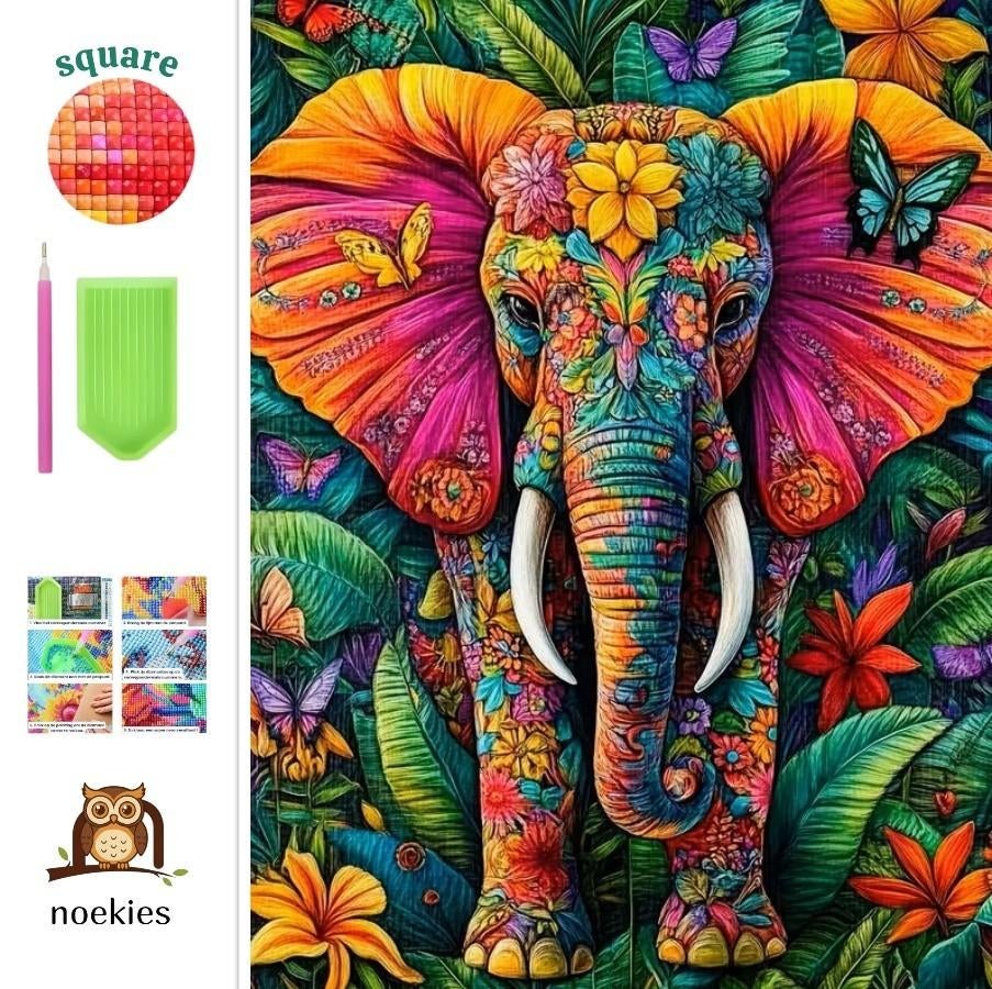 N 163 Peinture au diamant éléphant coloré 40x30cm (carré), Neuf, Abstract, Multicolore, Autocollant