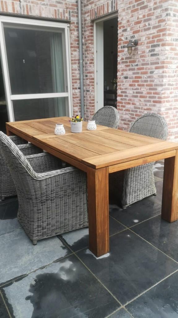 Tuintafel teak met 6 wicker stoelen, Tuin en Terras, Ophalen, Gebruikt, Rechthoekig, Teakhout