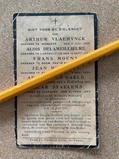 OORLOG14-18 Belgische soldaten omgekomen 1917 ADINKERKE, Verzamelen, Bidprentjes en Rouwkaarten, Bidprentje, Ophalen of Verzenden