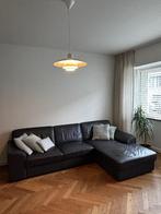 Donkergrijze lederen zetel in zeer goede staat, Huis en Inrichting, Ophalen, Gebruikt, Hoekbank, Leer