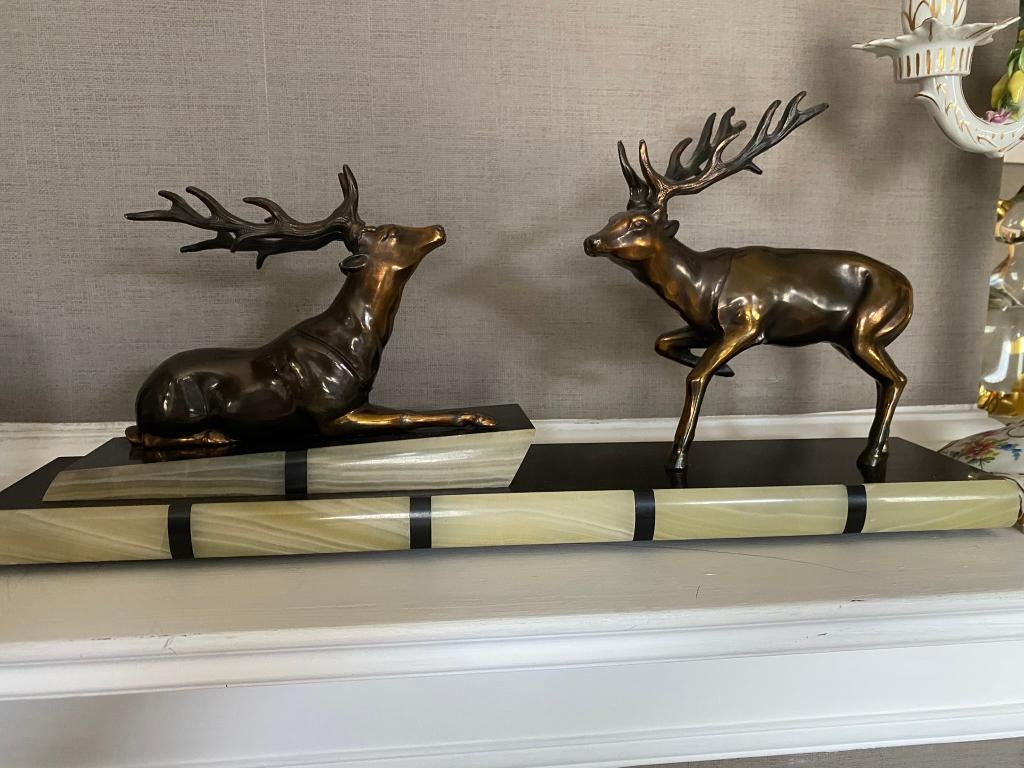 2 herten massief brons op marmeren sokkel 50 cm, Ophalen, Zo goed als nieuw