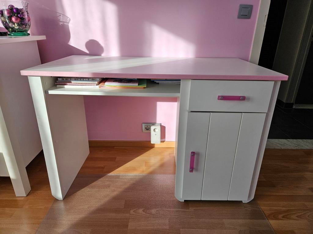 Kinderbureau wit - roze Kiki, Ophalen, Opbergruimte, Roze, Kinderbureau