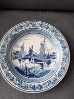 vintage delft blauw bord afbeelding vissersboten en windmol, Enlèvement ou Envoi