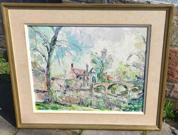 huile sur panneau pont signe, Antiek en Kunst, Kunst | Schilderijen | Klassiek, Ophalen of Verzenden