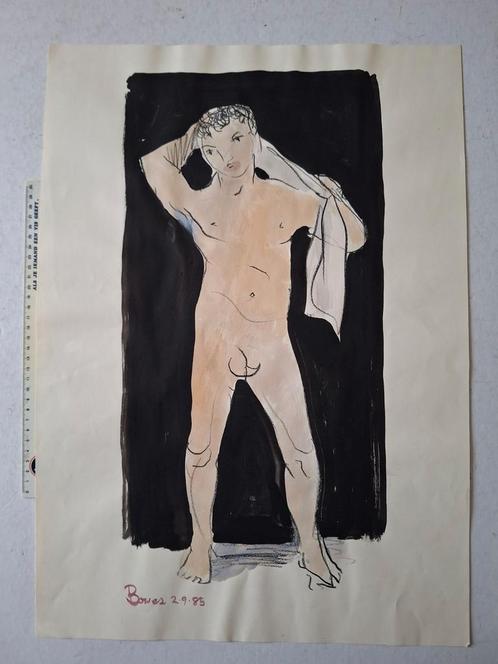 Originele tekening Naakte jongeman met handdoek Bowes 1985, Antiek en Kunst, Kunst | Tekeningen en Fotografie, Ophalen of Verzenden