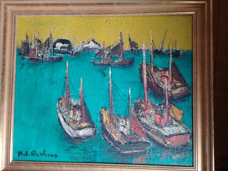 Hubert de Vries  1889 - 1979   Vissersboten, Antiquités & Art, Art | Peinture | Classique, Envoi