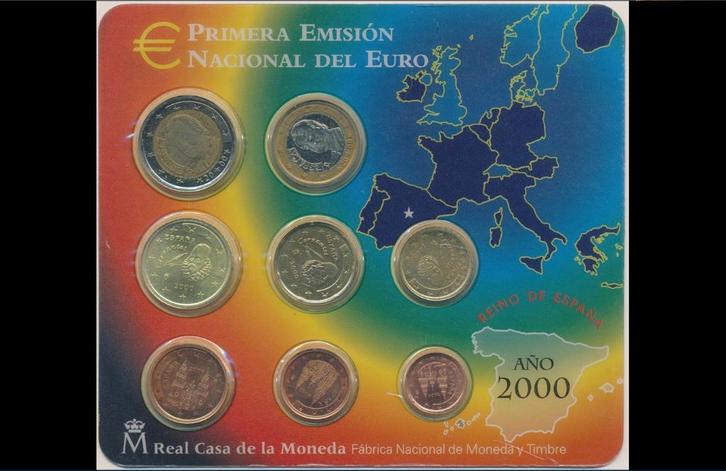 Complete 8-delige jaarset Euromunten Spanje 2000 BU FDC, Postzegels en Munten, Munten | Europa | Euromunten, Setje, Overige waardes