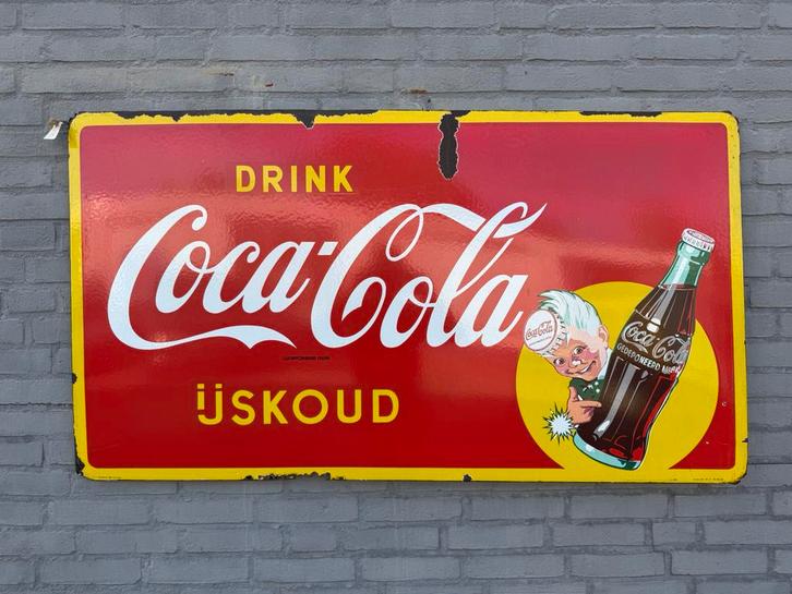 Oud Coca Cola emaille reclamebord 1957, Verzamelen, Merken en Reclamevoorwerpen, Gebruikt, Reclamebord, Ophalen
