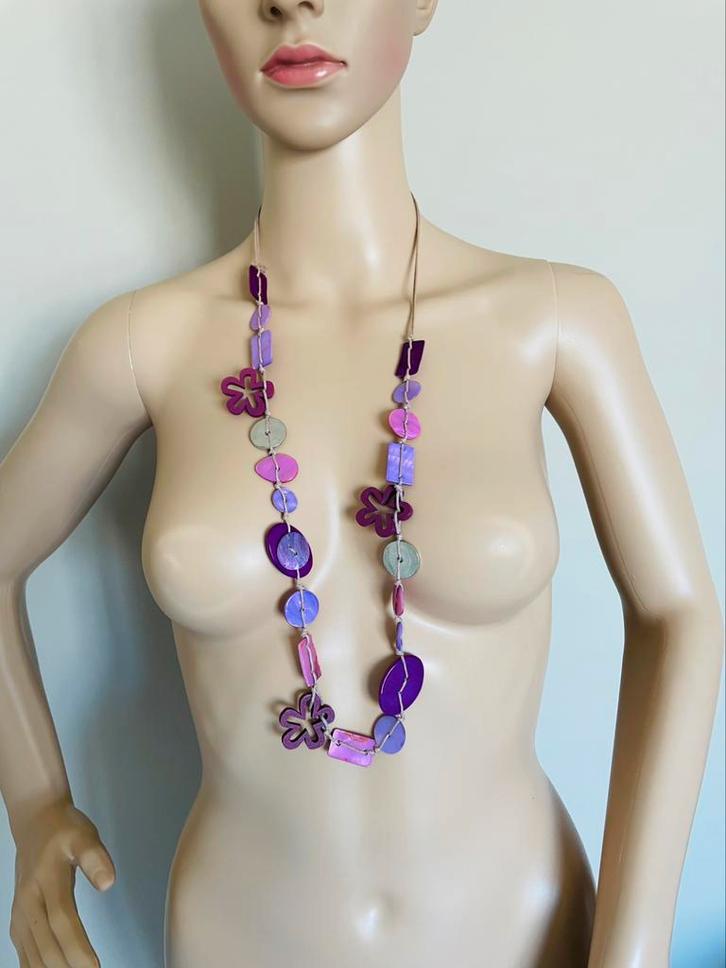 Sautoir in rozen en lila, een ode aan de natuur! 🌸, Handtassen en Accessoires, Kettingen, Zo goed als nieuw, Kunststof, Roze