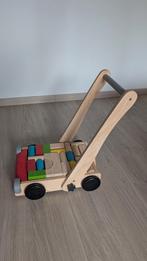 PlanToys loopwagen met houten blokken, Kinderen en Baby's, Speelgoed | Houten speelgoed, Ophalen, Zo goed als nieuw