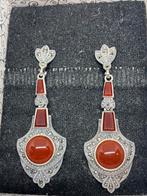 Zilveren carneool oorbellen ( vintage stijl ), Avec pierre précieuse, Argent, Puces ou Clous, Rouge