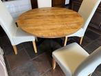 MANGO HOUTEN  EETTAFEL ROND + 4 WITTE STOELEN, Ophalen, Zo goed als nieuw, Rond