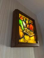 Verlicht glas-in-lood wandpaneel – vintage – houten kader, Huis en Inrichting, Ophalen, Zo goed als nieuw, Glas