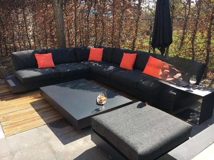 Lounge TUFO zwart alu met loungetafel, bijzettafel en poef, Jardin & Terrasse, Ensembles de jardin, Utilisé, Sets de jardin, Aluminium