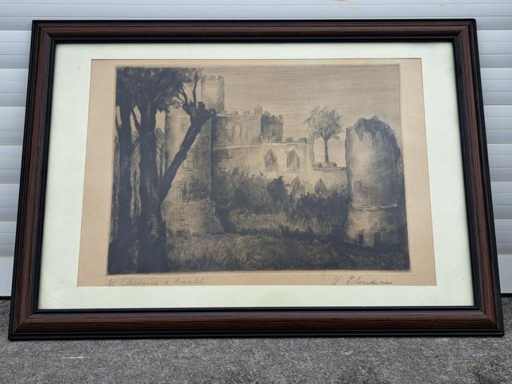 eau forte chateau d hardelot signe marthe blondiau, Antiek en Kunst, Kunst | Etsen en Gravures, Ophalen of Verzenden