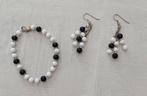 Bracelet + paire de boucles d'oreilles blanc-noir-argenté, Bijoux, Sacs & Beauté, Synthétique ou Plastique, Noir, Enlèvement, Neuf
