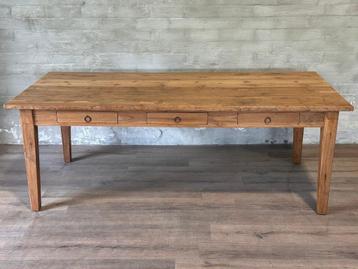 Franse boerentafel - 220 x 99 cm + 79,5 cm hoog / 3 lades, Huis en Inrichting, Eikenhout, 200 cm of meer, Vijf personen of meer