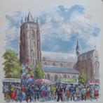 ONBEKEND / JAARMARKT NAAST DE KERK / OLIEVERF PANEEL 35x35cm, Antiek en Kunst, Kunst | Schilderijen | Modern, Ophalen of Verzenden