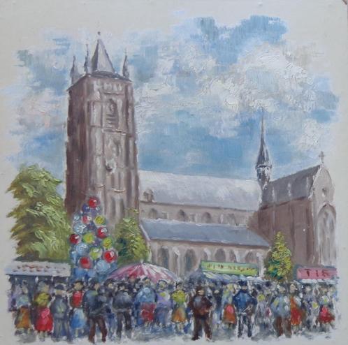 ONBEKEND / JAARMARKT NAAST DE KERK / OLIEVERF PANEEL 35x35cm, Antiek en Kunst, Kunst | Schilderijen | Modern, Ophalen of Verzenden