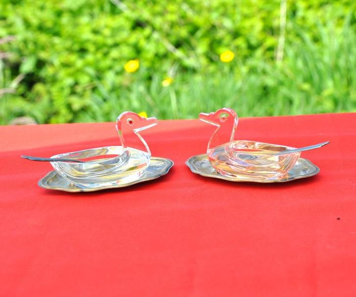 saleron canard cristal avec coupelle et cuillère, Antiquités & Art, Antiquités | Verre & Cristal, Enlèvement ou Envoi