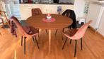 Table ronde en placage de noyer et 6 chaises en velours., Maison & Meubles, Enlèvement, Comme neuf