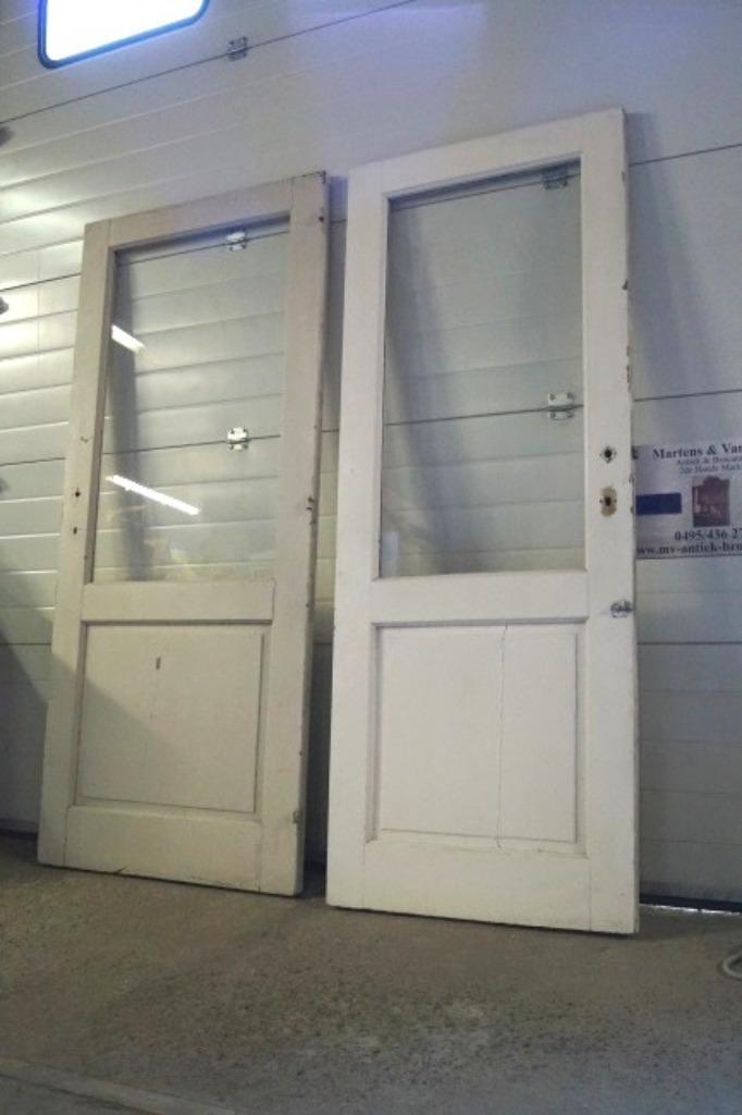 Koppel zware antieke paneel deuren met glas in eik H 203, Doe-het-zelf en Bouw, Deuren en Vliegenramen, Gebruikt, Binnendeur, 200 tot 215 cm