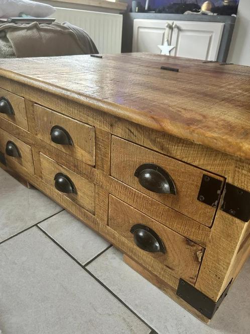 salontafel in eikenhout met schuifjes en grote opbergruimte, Huis en Inrichting, Tafels | Salontafels, Gebruikt, Minder dan 50 cm