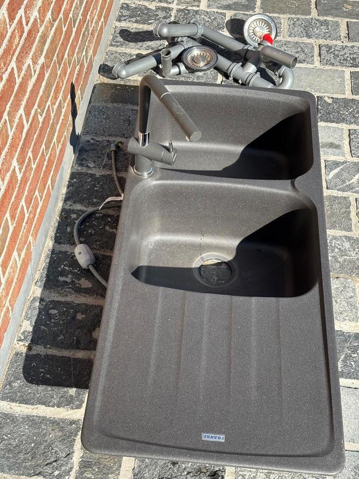 Antraciet Dubbele Wasbak + Telescopische kraan, Doe-het-zelf en Bouw, Sanitair, Zo goed als nieuw, Overige typen, Ophalen