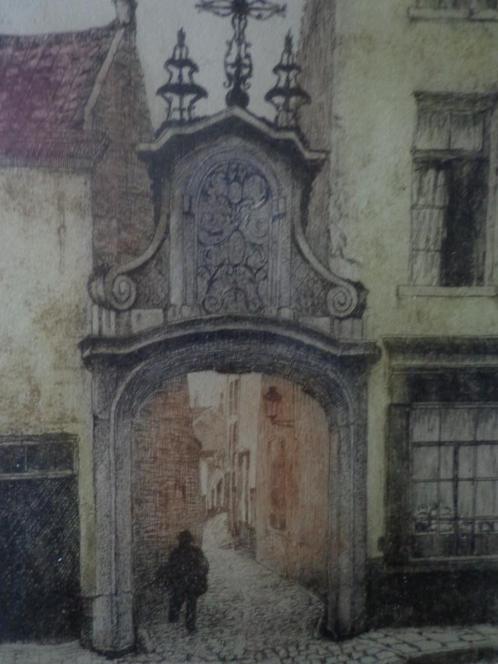 ets in kleur Jef Codron Impasse de la Cigogne Brussel, Antiek en Kunst, Kunst | Etsen en Gravures, Ophalen of Verzenden