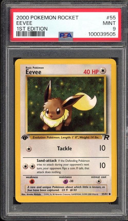 Eevee 1st Edition PSA 9 - 55/82 - Team Rocket 2000, Hobby en Vrije tijd, Verzamelkaartspellen | Pokémon, Zo goed als nieuw, Losse kaart