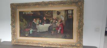 Zeer groot olie schilderij op doek gezellige tafereel  beschikbaar voor biedingen
