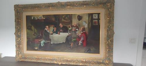 Zeer groot olie schilderij op doek gezellige tafereel, Antiek en Kunst, Kunst | Schilderijen | Klassiek, Ophalen