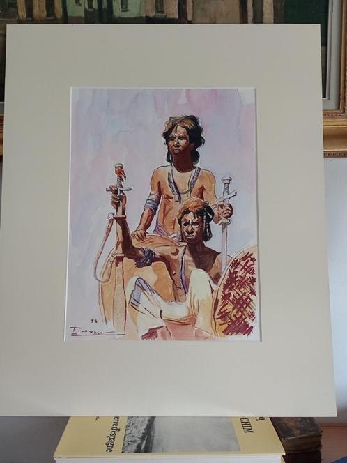Akwarel - Afrikaanse krijgers - gesigneerd, Antiek en Kunst, Kunst | Schilderijen | Modern, Ophalen of Verzenden
