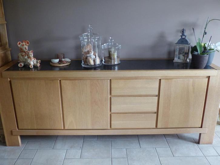 Eetkamer massief eik met natuursteen, Huis en Inrichting, Complete eetkamers, Gebruikt, 6 tot 8 stoelen, Ophalen