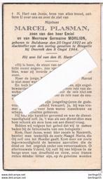 Oorlog. Plasman Marcel. ° Bulskamp 1921 † Bruyelle 1944, Verzamelen, Bidprentjes en Rouwkaarten, Ophalen of Verzenden, Bidprentje