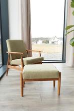 Fauteuil vintage et reposé de pied olive vert velours côtelé, Ophalen of Verzenden