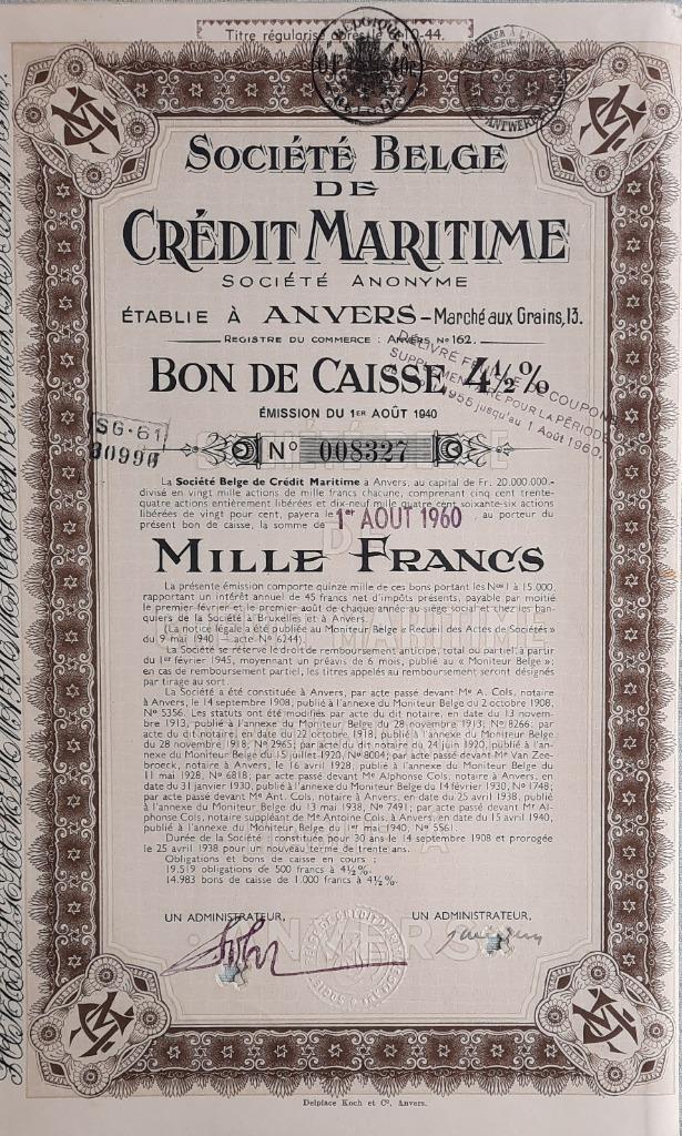 Société Belge de Crédit Maritime - Anvers - kasbon 4,5%, Postzegels en Munten, Aandelen en Waardepapieren, Aandeel, 1920 tot 1950