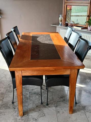 Eikenhouten tafel met natuursteen+ 6 lederen stoelen beschikbaar voor biedingen
