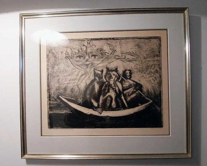 René de Coninck - ets aquatint - "drie mannen in een boot", Antiek en Kunst, Kunst | Etsen en Gravures, Ophalen of Verzenden