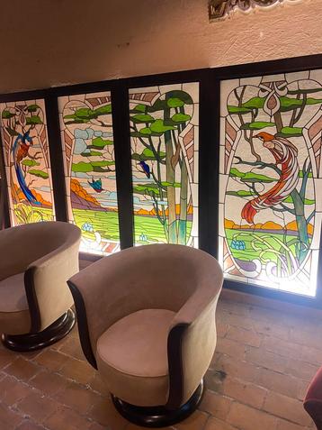 set van 4 glas in lood ramen landschap beschikbaar voor biedingen