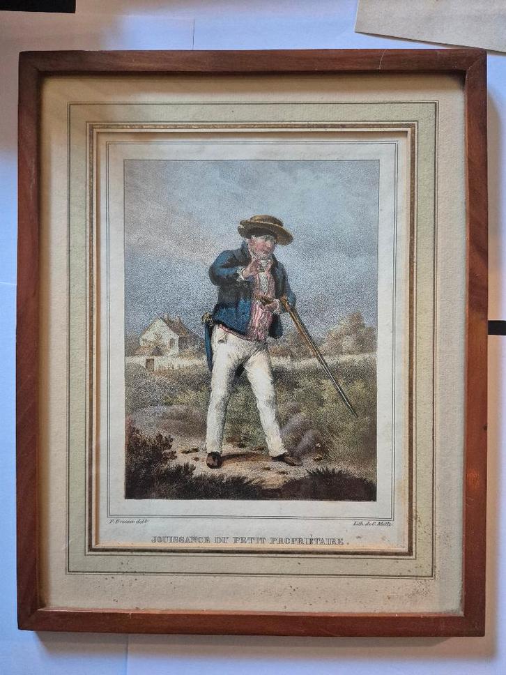 ingekleurde litho ' le petit proprietaire ' anno 1830, Antiek en Kunst, Kunst | Litho's en Zeefdrukken, Ophalen of Verzenden