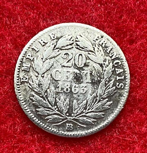 Très Rare: 20 Centimes France Napoléon III 1863 en Argent, Antiquités & Art, Antiquités | Argent & Or, Argent, Enlèvement ou Envoi